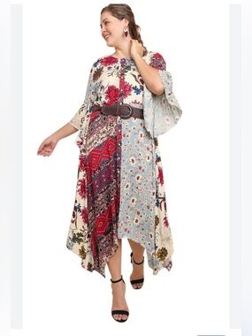 Umgee Patchwork sharkbite-hem Midi Dress in Cream, Red & Light Blue